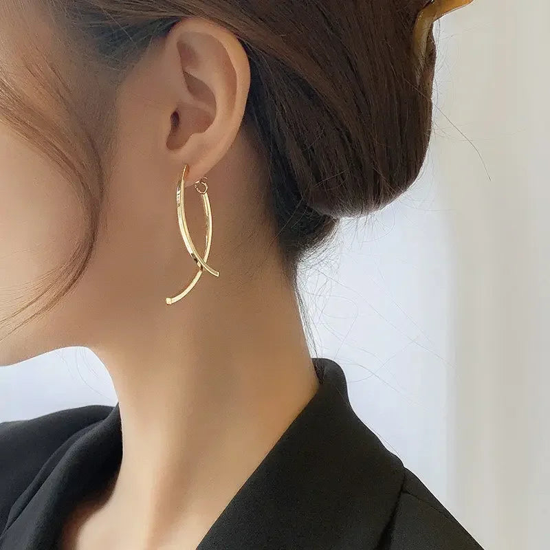 Korean Stylish Cross Arc Long Drop Earrings for Women - Fashion Dangling Jewelry