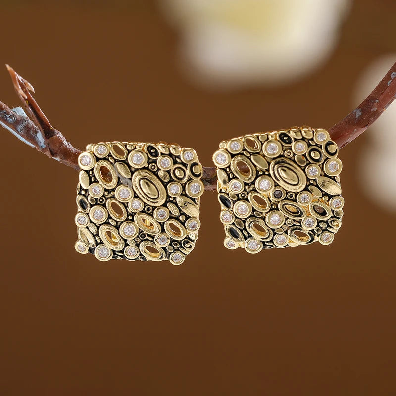 Vintage Square Synthetic Gemstone Earrings for Women, Copper Finish - Formal & Casual