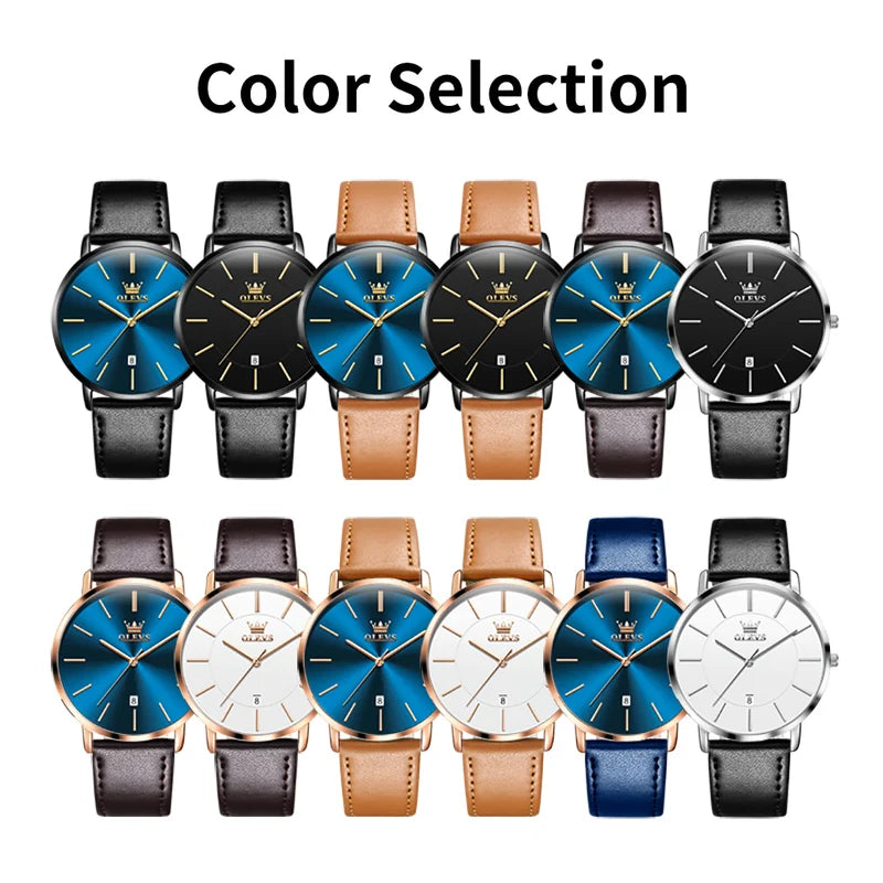 Men's Waterproof Leather Strap Watch with Auto Date - Ultra Thin Quartz