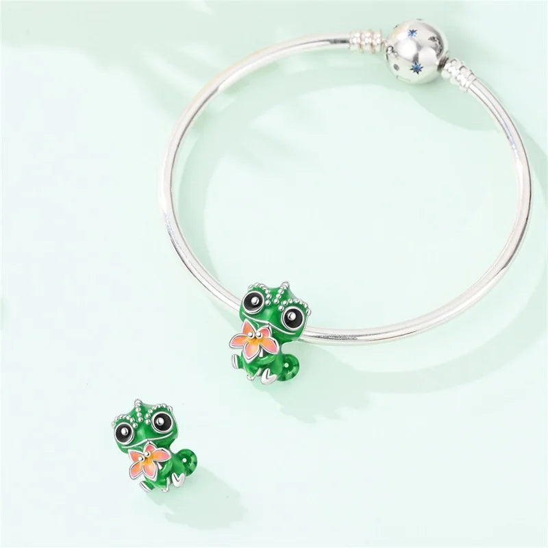925 Sterling Silver Chameleon Flower Charms Beads Dangle for DIY Bracelets Women Jewelry Gift