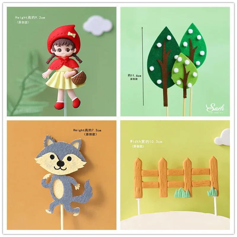 Cake Decoration Kit for Kids and Dollhouse - Bunny, Tree, Mushroom, Wolf, House, Fruit, Happy Birthday Toppers