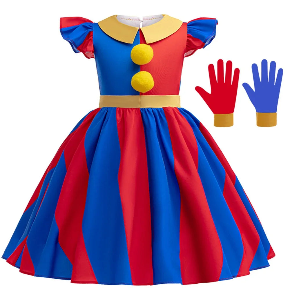 Halloween Circus Cosplay Costume for Kids - Red and Blue Clown Dress Up Outfit with Headwear