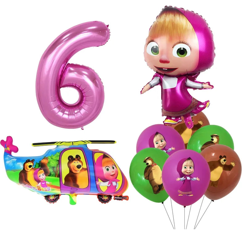 Masha and the Bear Birthday Party Decoration Kit with Balloons and Backdrop - Girls Cartoon Theme, Disposable Tableware, All Variants