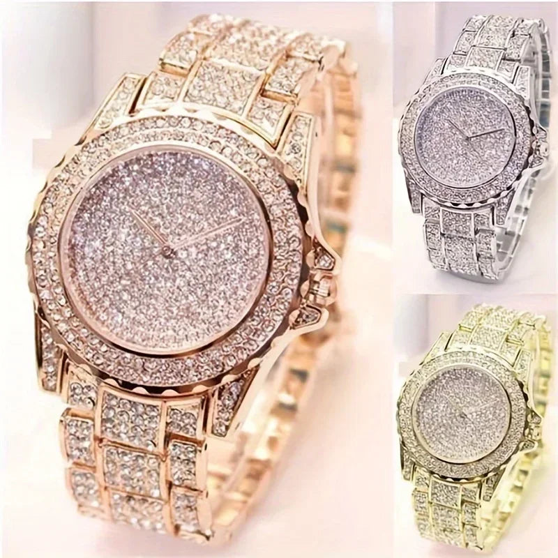 Full Steel Women’s Quartz Wristwatch with Crystal Dial - Multiple Colors