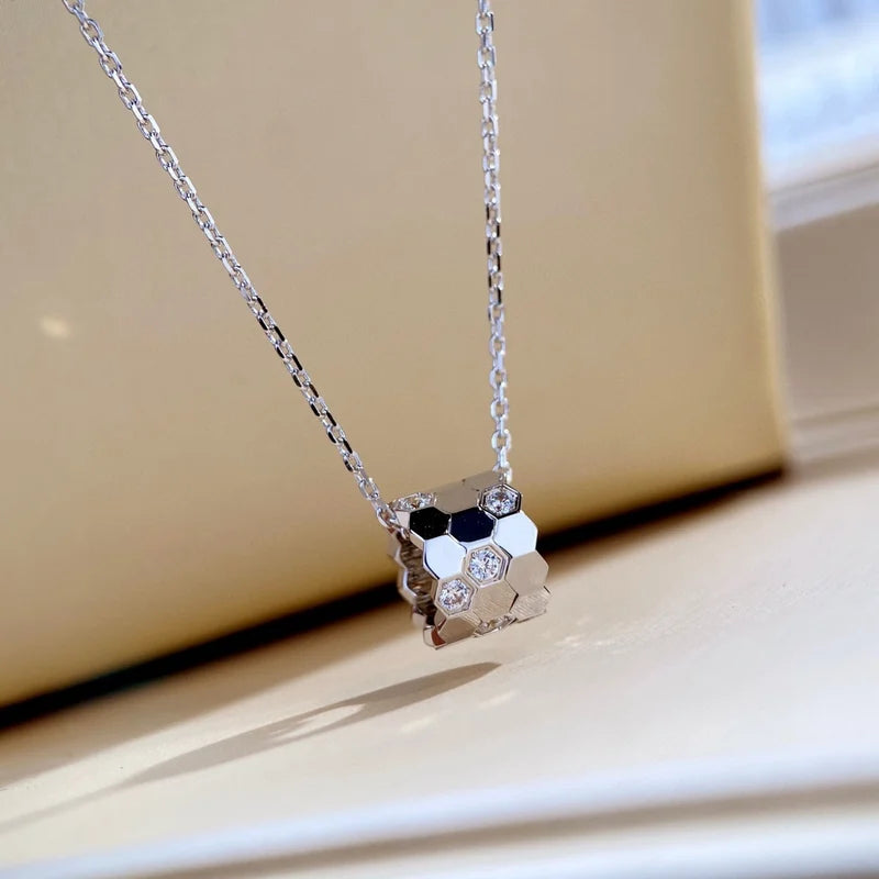 Sterling Silver Diamond-Studded 18K Gold Honeycomb Necklace for Women