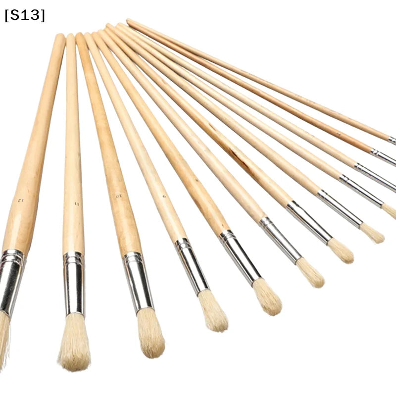 12Pcs Oil & Acrylic Art Brushes Set - Round Pig Bristle Hair with Long Wooden Handles