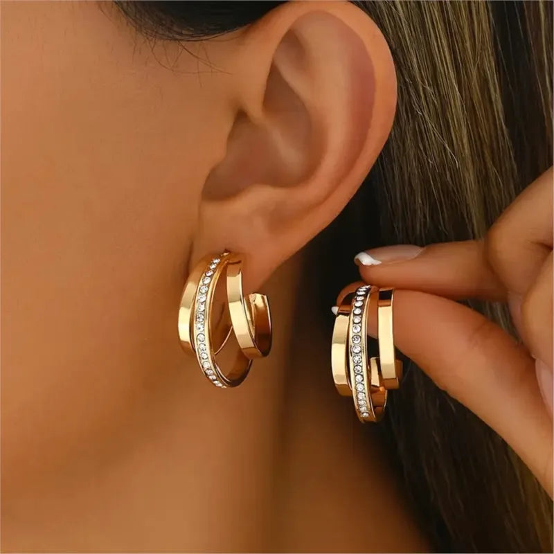Simple Zircon C Shape Earrings for Women Three-Layer Circle Jewelry Gift