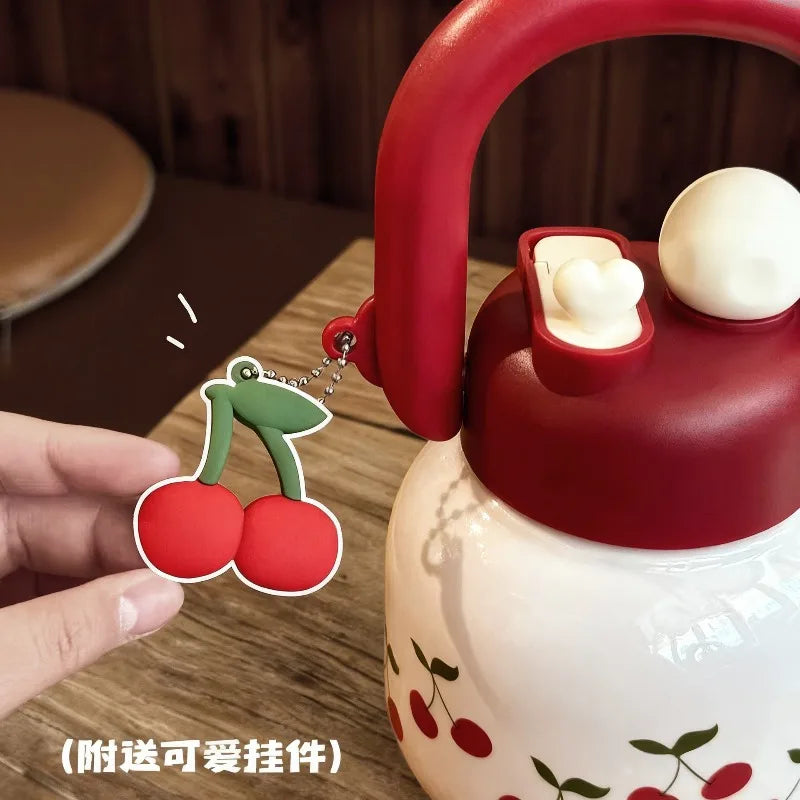 800ML Cute Cherry Water Bottle with Straw - Large Capacity Travel Mug