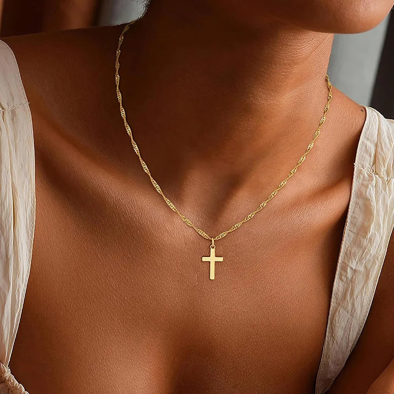 Minimalist Christian Cross Necklace Women 18K Gold Plated Religious Jewelry Gift
