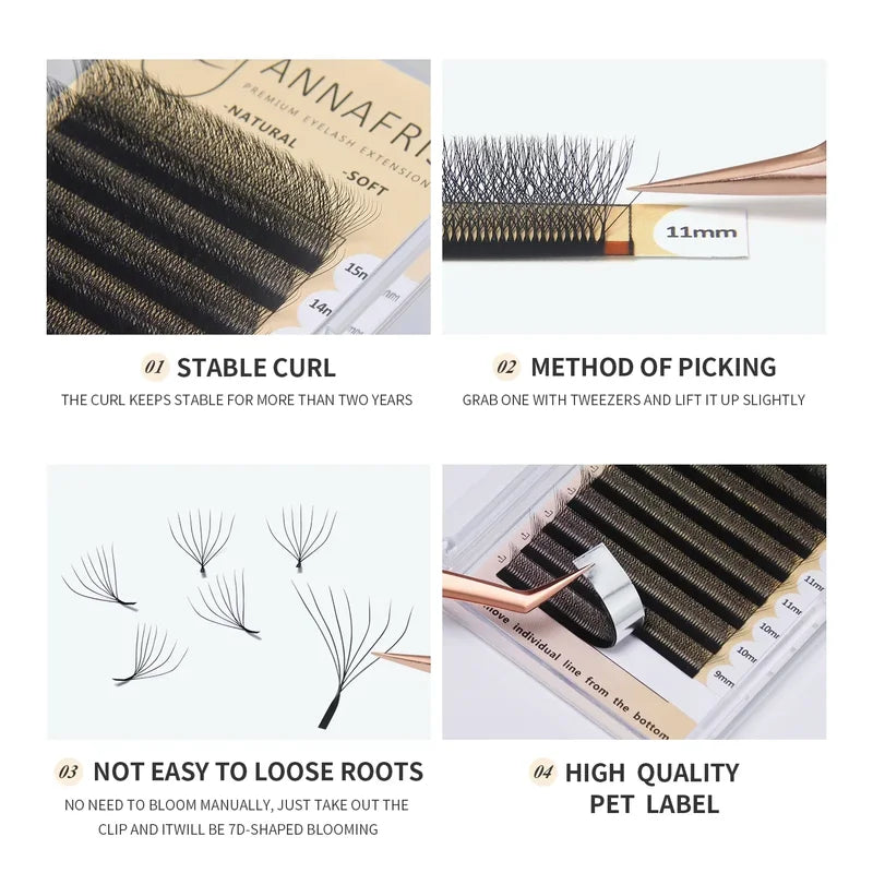 Pre-Made 7D W Shape Eyelash Extensions - Natural Soft Flower Fans, Multiple Sizes & Curls