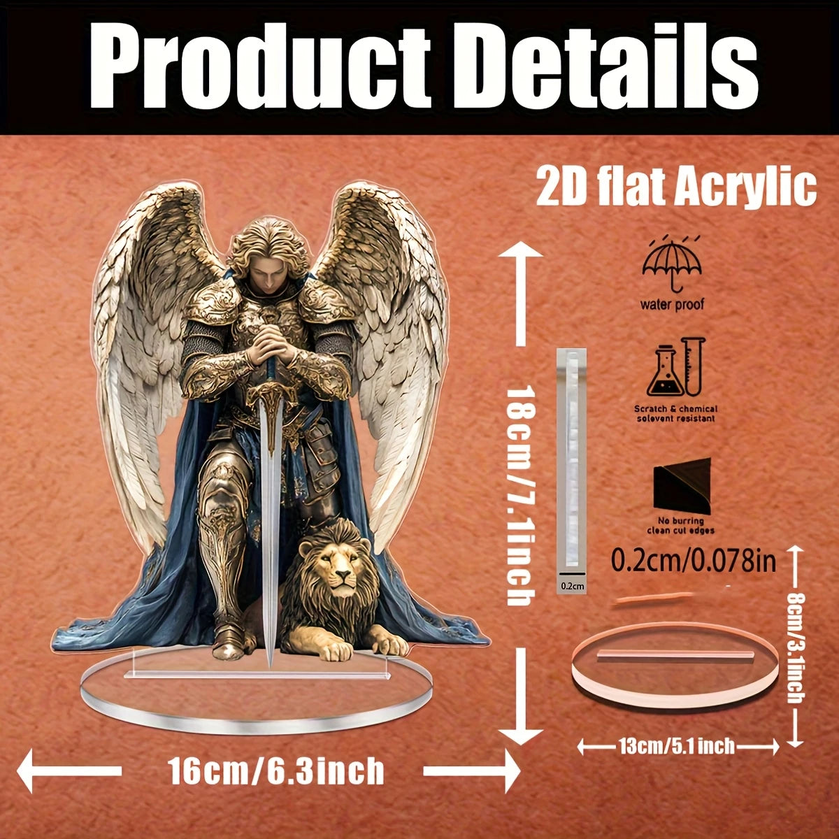 2D Angel Acrylic Tabletop Ornament Religious Angel Decor with Gold Armor and Blue Cape