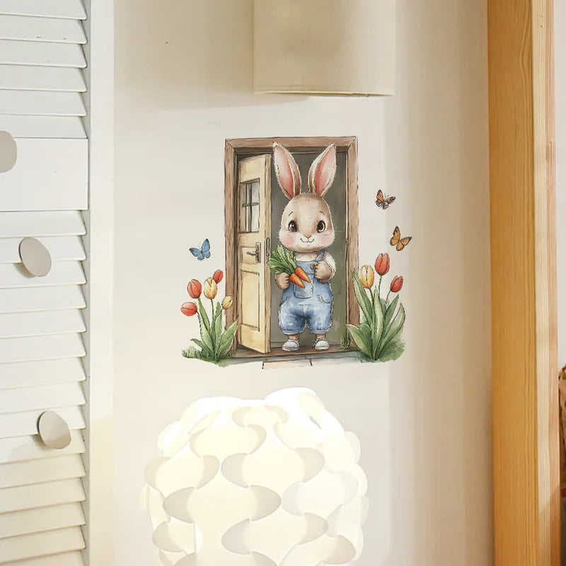 Wooden Bunny Wall Sticker for Kids Room Decor - Self-Adhesive, Waterproof