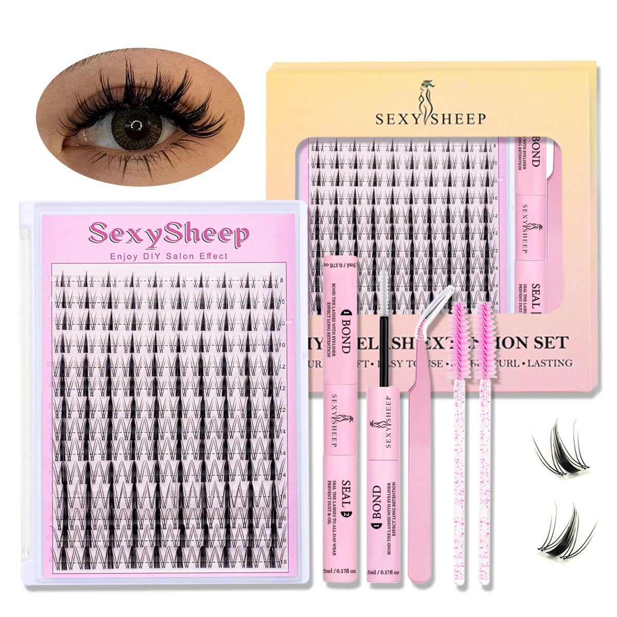 DIY Eyelash Extension Set False Eyelashes with Bond Seal Remover Tweezers - Natural D Curl Group