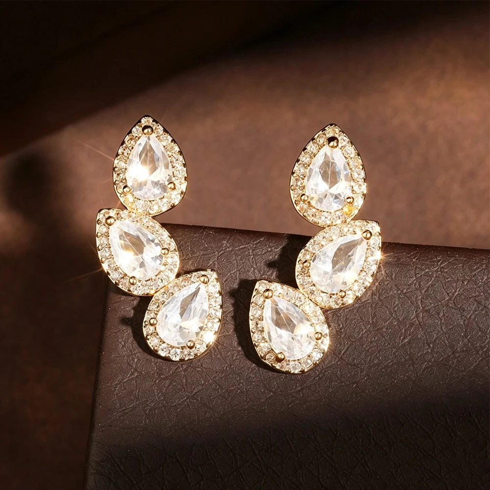 Luxury Zircon Leaf Stud Earrings for Women - Crystal Water Drop Ear Jewelry