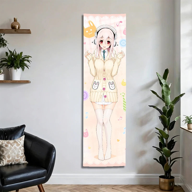Anime Sonico Wall Tapestry - Cute Pink Bunny & Music Print, 150x40cm Decor