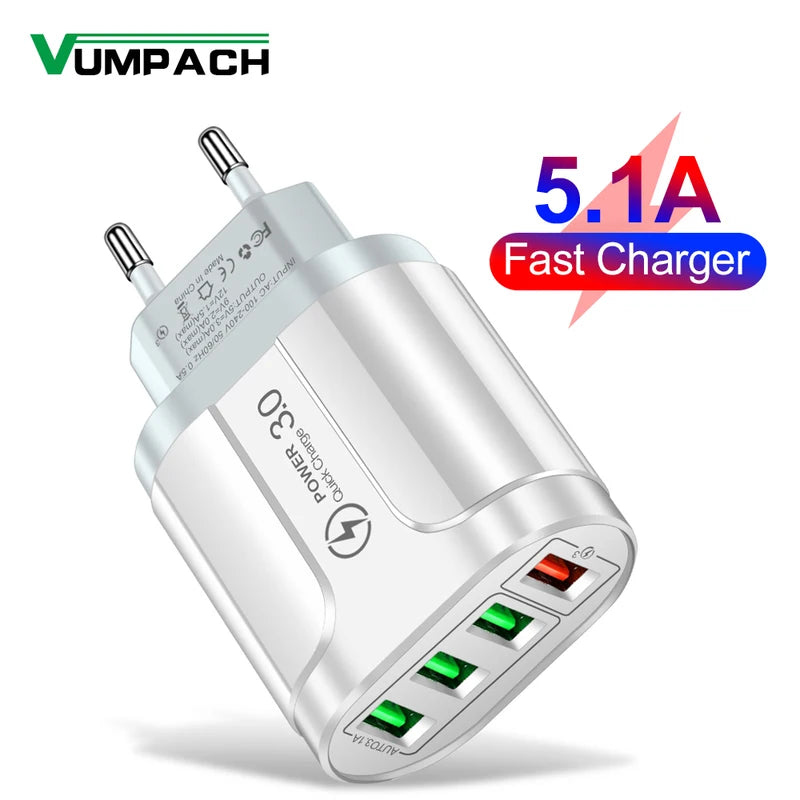 4 Ports USB Fast Charger 48W Wall Adapter Quick Charge 3.0 for Smartphones