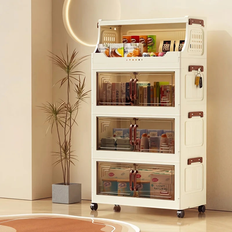 3/4-Tier Rolling Storage Cabinet with Transparent Doors & Flip Top - Kitchen Pantry Organizer