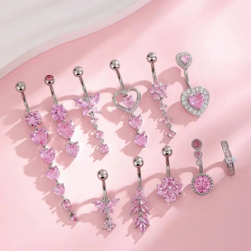 Pink Crystal Belly Button Ring with Butterfly Heart Pendant - Stainless Steel Navel Piercing for Women