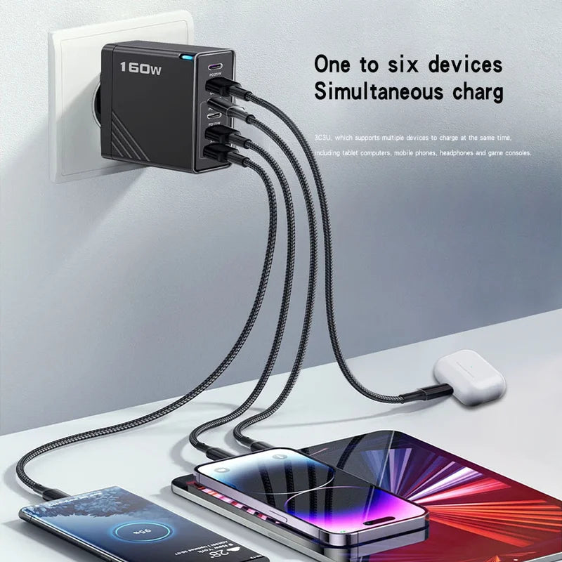 160W Multi-Port USB Type C Phone Charger Adapter with EU/US/UK Plugs