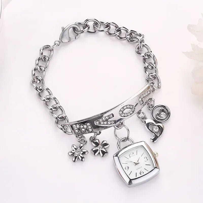 Women Dress Watches with Rhinestone Letters Flower Pendant Chain Bracelet Gift