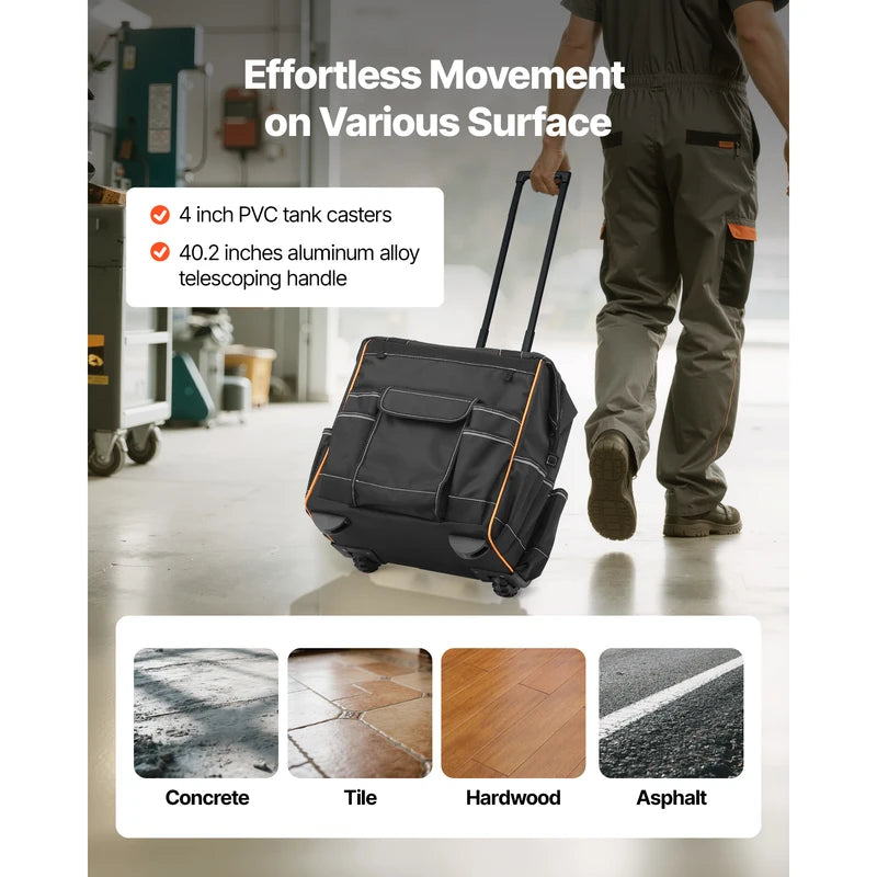 Heavy-Duty Rolling Tool Bag on Wheels with 25 Pockets, 110Lbs Capacity