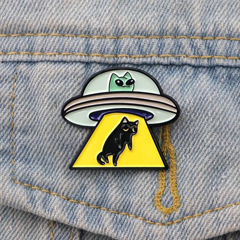 UFO Alien Enamel Pin for Backpack & Clothing Accessories - Black Cat Badge
