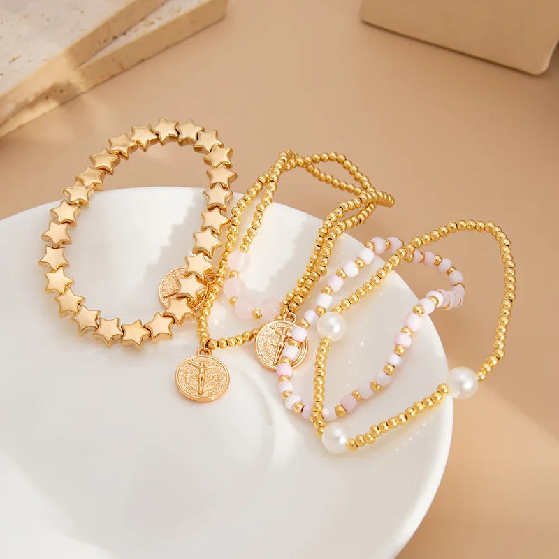 Retro Multi-Layer Star Pendant Bracelet with Beaded Elastic Thread