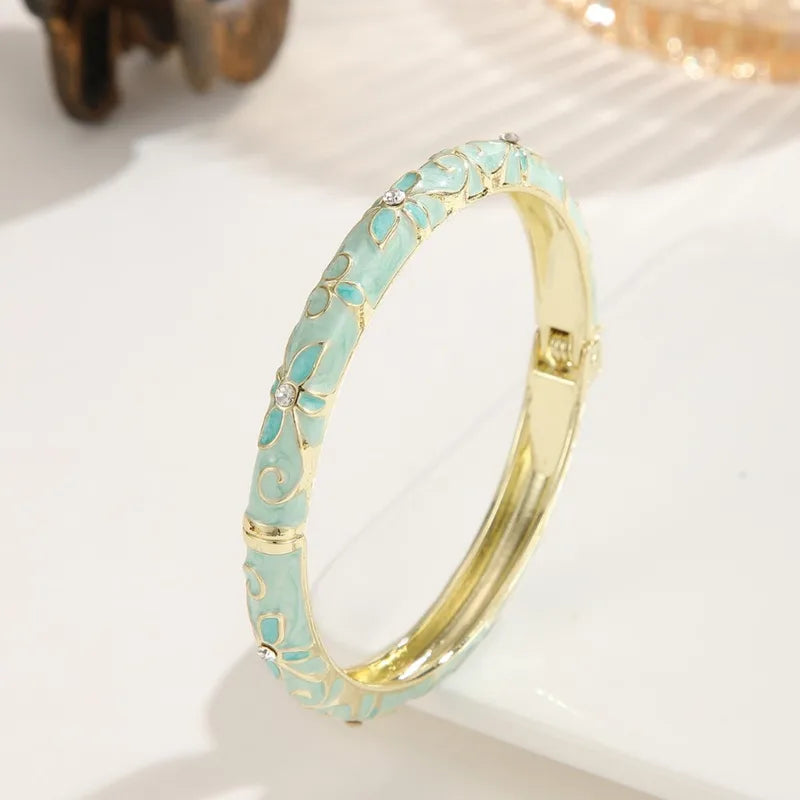 Colorful Floral Enamel Bracelet for Women - Gold Tone Open Cuff Jewelry