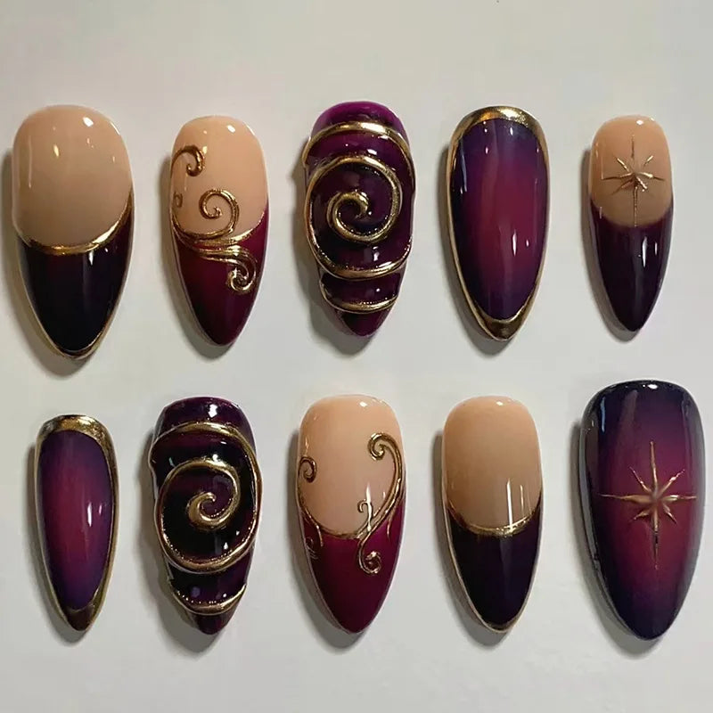 24Pcs Mysterious Red Y2K Fake Nails with Heart Design Long Almond Punk Style Press-On