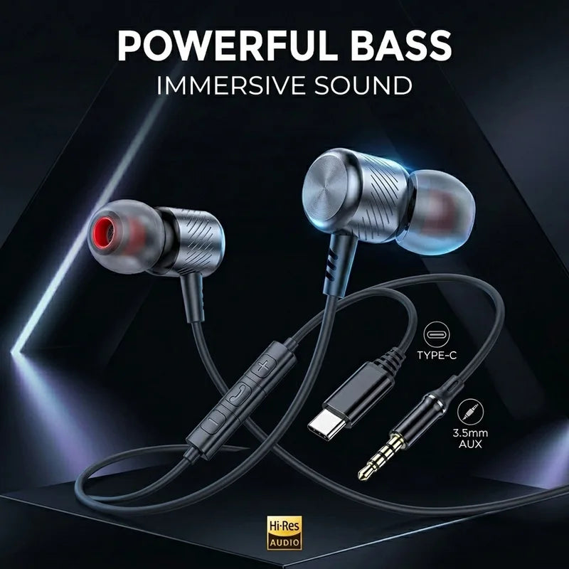 Deep Bass Wired Headphones with Microphone & Type-C/3.5mm Earbuds for Mobile & PC