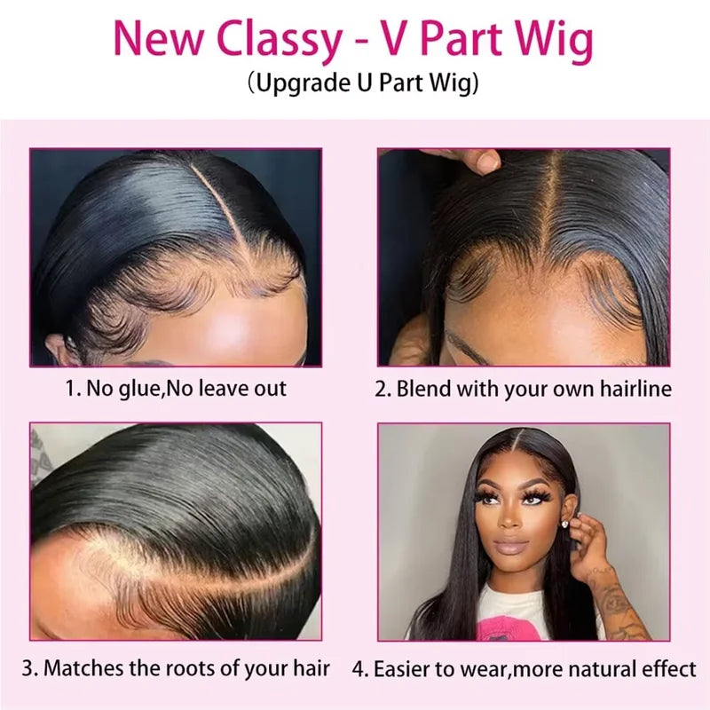 Human Hair V Part Wig 24-28in Straight 200% Density Natural Black