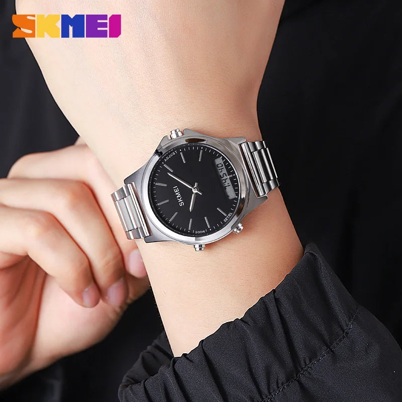 Digital Quartz Sport Watch for Men Waterproof Stainless Steel Dual Display