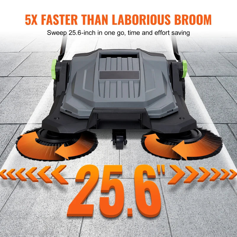 Walk-Behind Hand Push Floor Sweeper 25.6-inch Sweeping Width with Large Waste Container