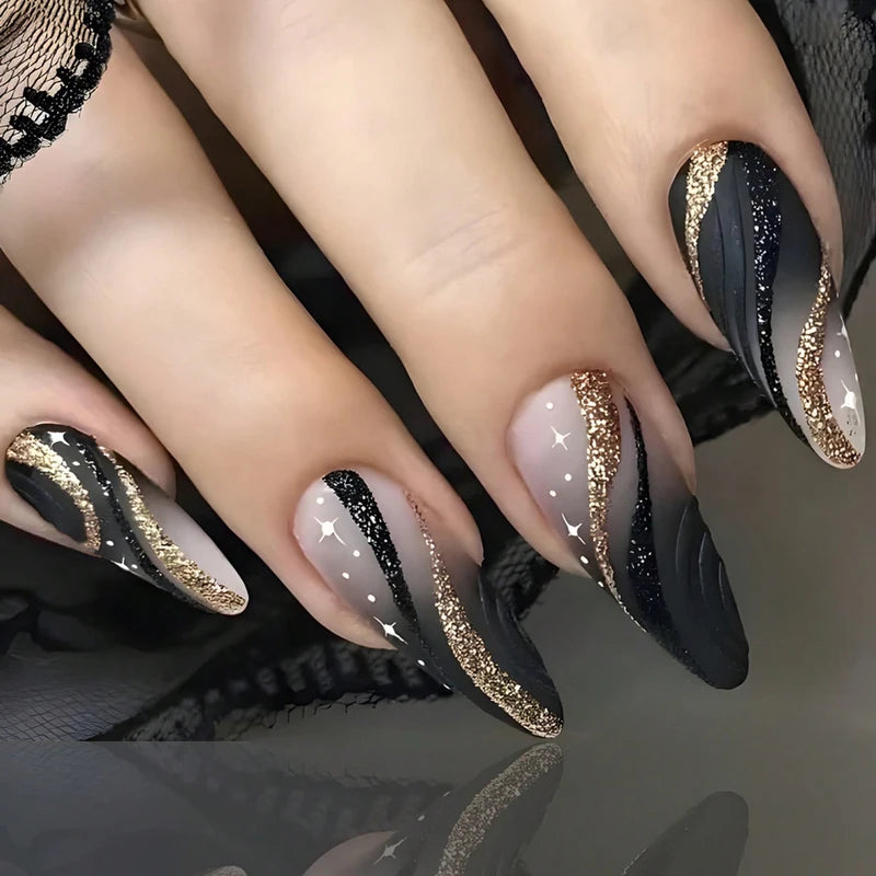 Medium Almond Black Press On Nails 24-Pack - Shimmering Ballerina Style