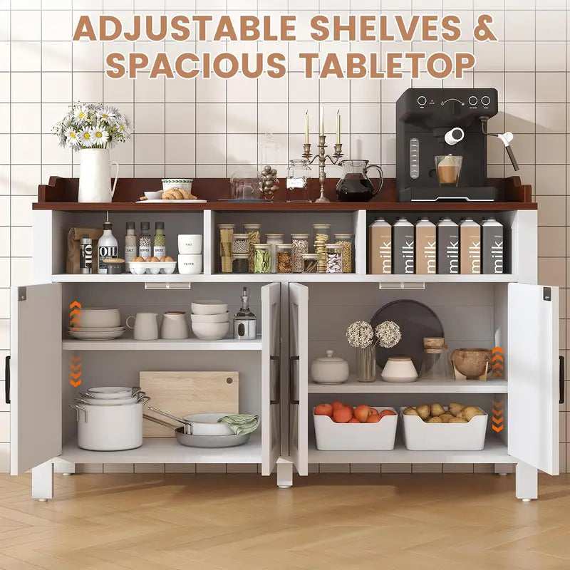 Farmhouse Style Buffet Cabinet with 4 Doors and 3 Open Shelves - Customizable Colors