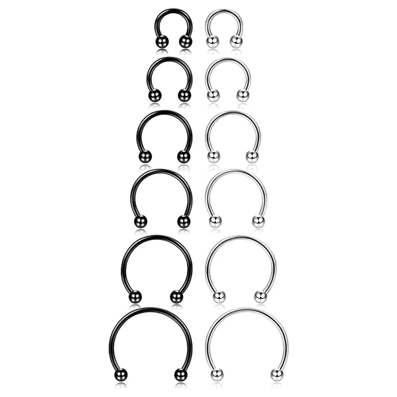 12Pcs Stainless Steel Nose & Septum Rings Body Piercing Jewelry 6MM-16MM Black Silver