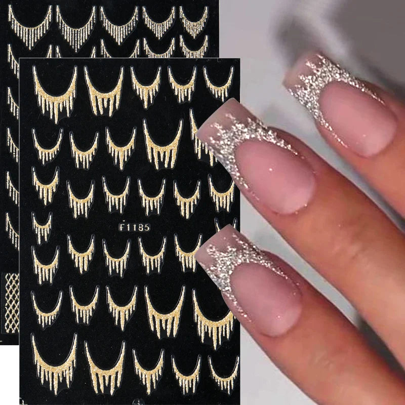 Reflective Glitter French Nail Art Stickers - Gold Silver Geometric Decals for DIY Manicure