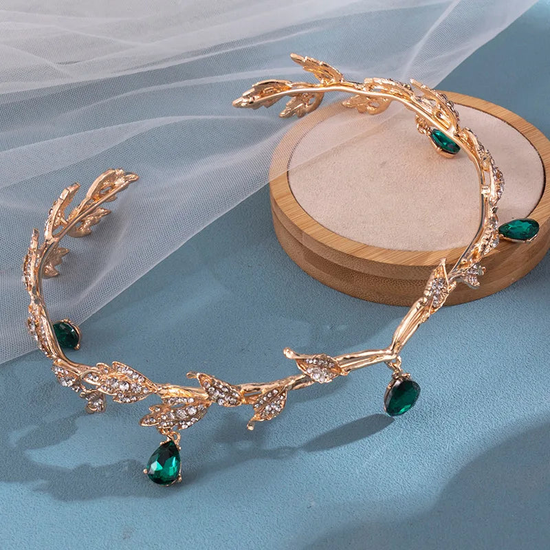 Vintage Fairy Crown Tiara with Emerald Green Crystals for Women Costume Hair Jewelry
