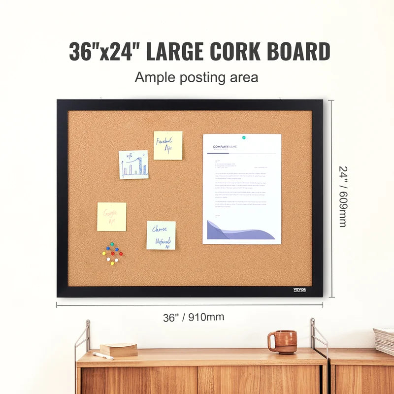 Large Cork Bulletin Board 36x24 Inch with MDF Frame and Pushpins for Office & Home