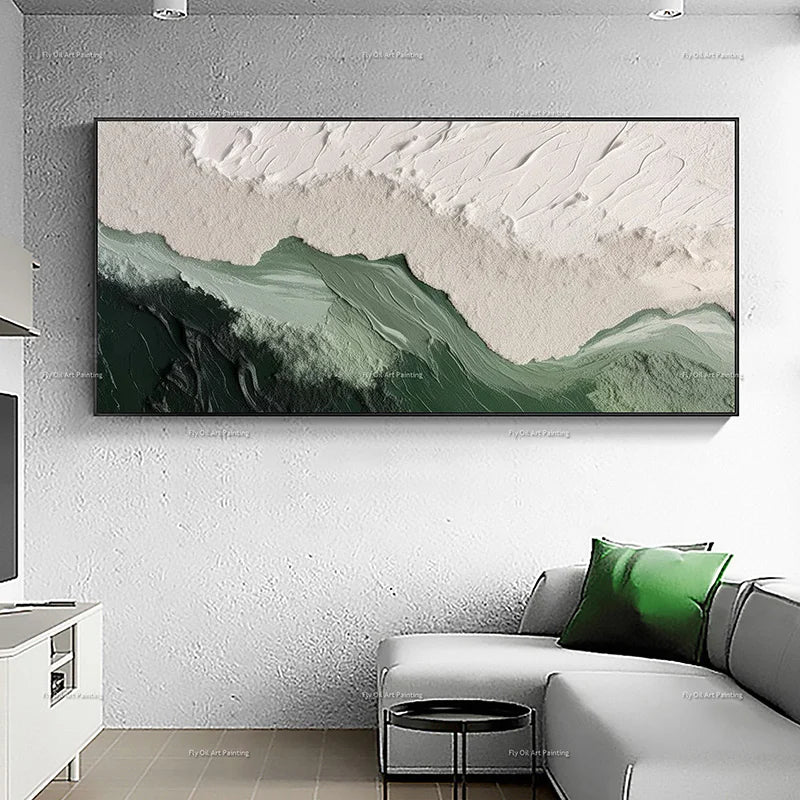 Large Handpainted Green and Beige Oil Painting Wall Art for Room Decor