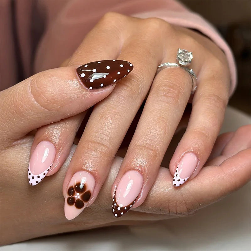 24Pcs Short Almond Fake Nail Set with French Tips & Polka Dots - Full Nude Colors
