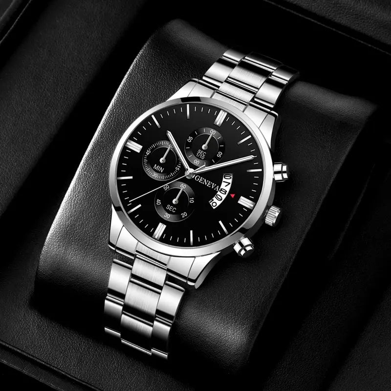 Men's Luxury Silver Stainless Steel Quartz Watch with Calendar