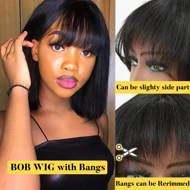 Human Hair Bob Wig with Bangs - 180% Density, Short & Natural Look