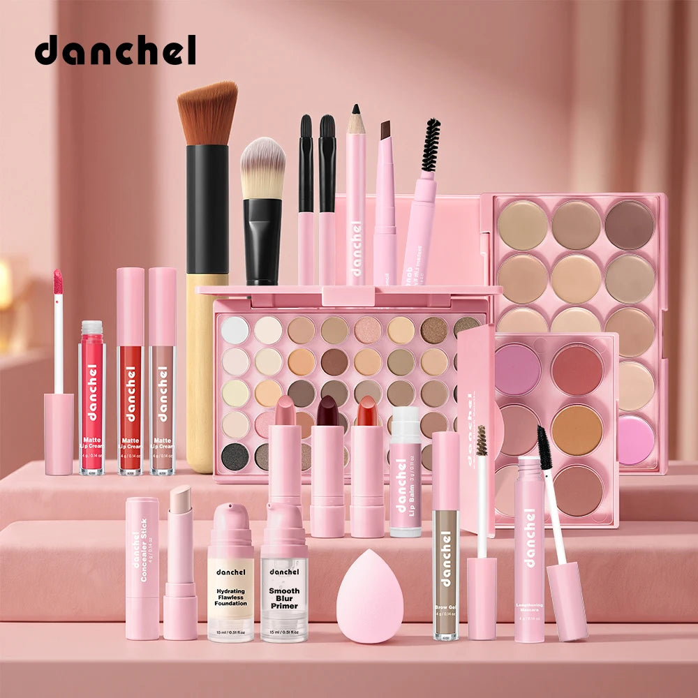 Complete Face Makeup Set with Eyeshadow, Blush, Lipstick, Foundation & Brushes
