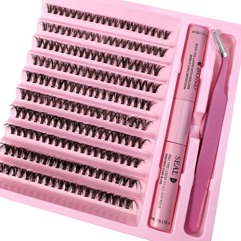 DIY Cluster Lash Kit with 8-16mm Mixed Length Eyelash Extensions, Tweezers, Bond & Seal for Self Application
