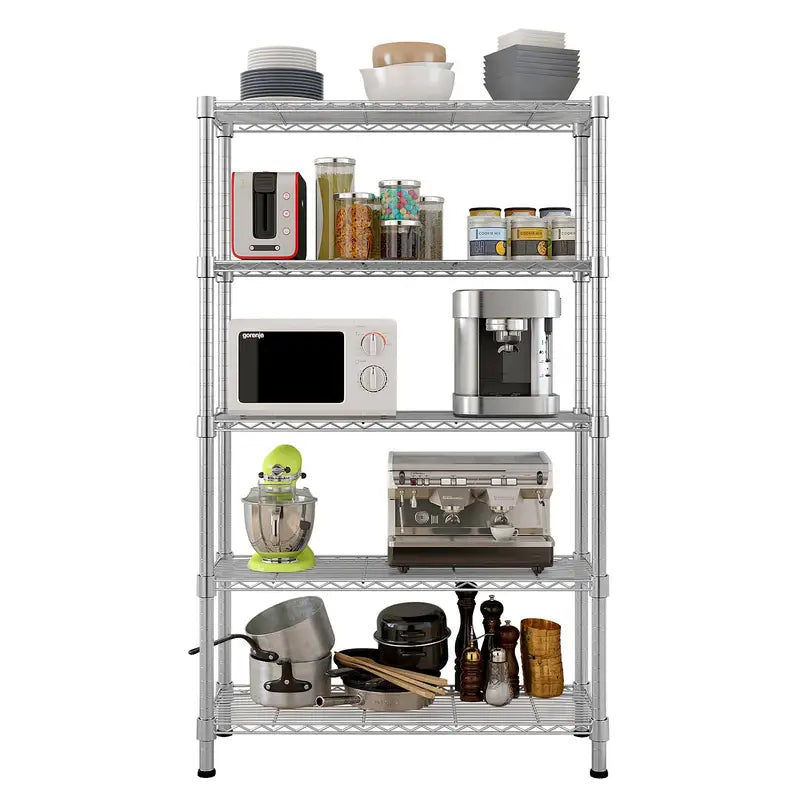 5-Tier Metal Wire Storage Shelves with Chrome Finish for Kitchen & Living Room