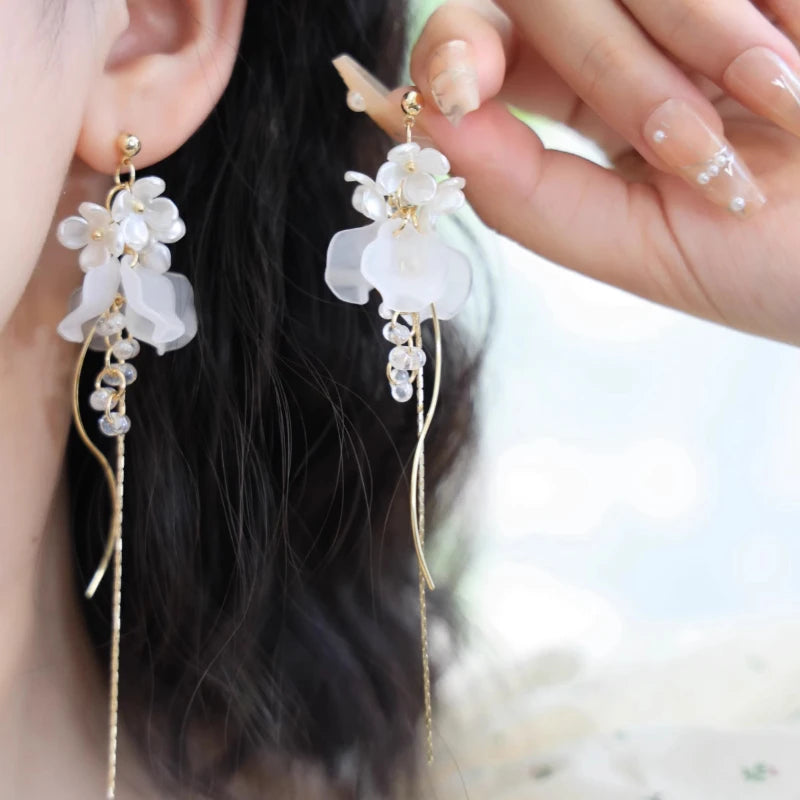 Long Pearl Clip Earrings with Tassel No Hole Shell Imitation Jewelry for Women