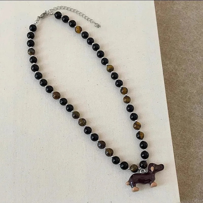 Natural Stone Tiger Eye Dog Pendant Necklace for Women Girls