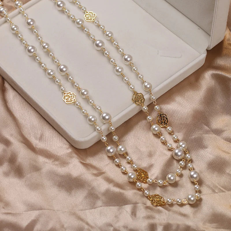 Vintage Lady Camellia Pearl Flower Necklace Double Layer Elegant Jewelry for Women
