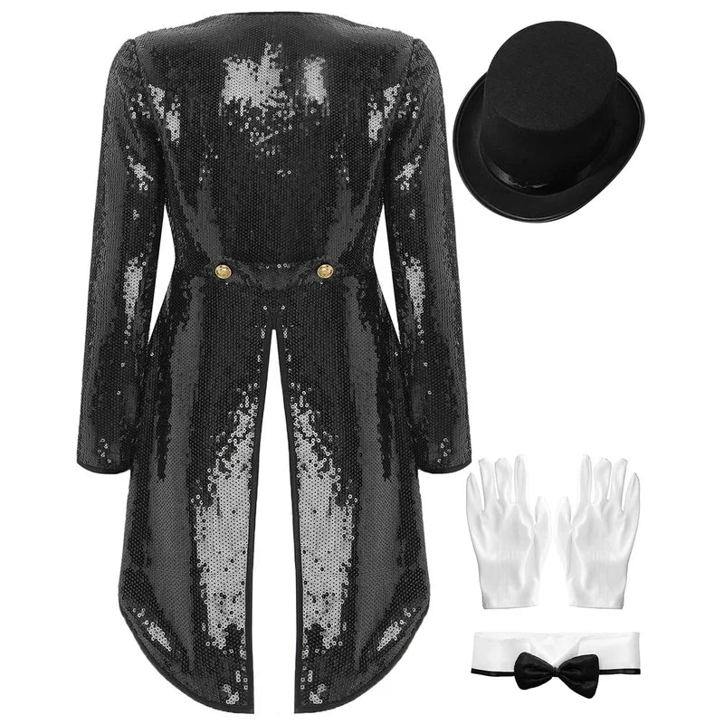 Women Magician Cosplay Costume Sequin Tailcoat with Hat Gloves for Halloween and Stage Performance
